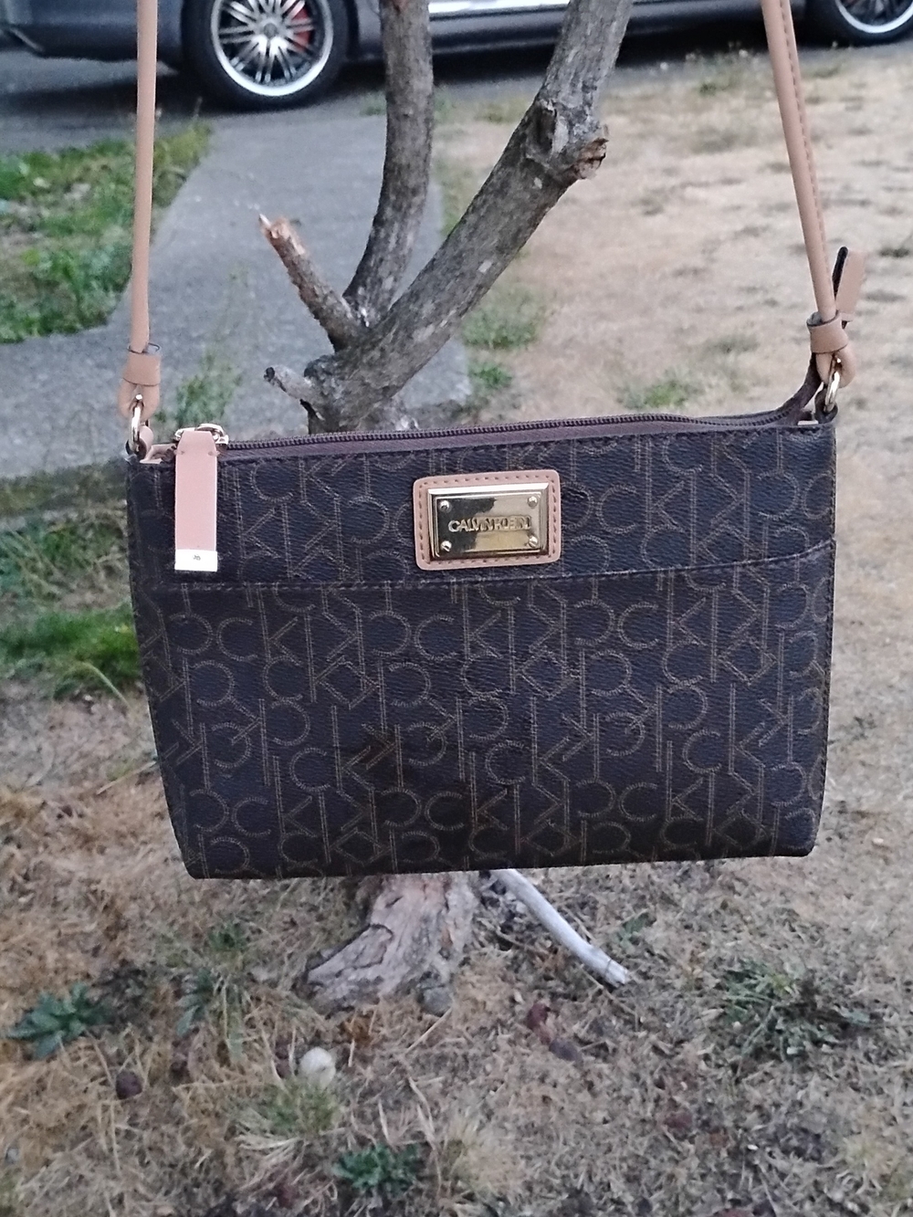 Calvin Klein Brown Monogram Crossbody with Tan Strap